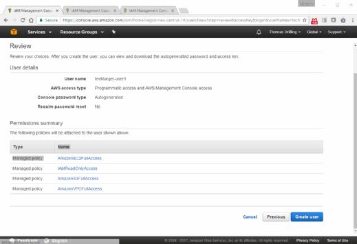 Überblick über das neue AWS IAM-Benutzerkonto.